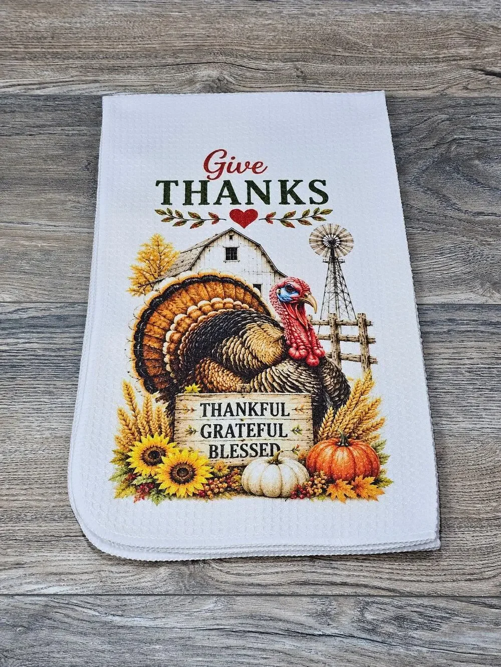 Give Thanks Turkey Kitchen Towel Farmhouse Thanksgiving Decor